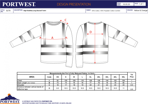 Tricou cu maneci lungi Hi-Vis, galben, regular, Cotton Comfort, Portwest